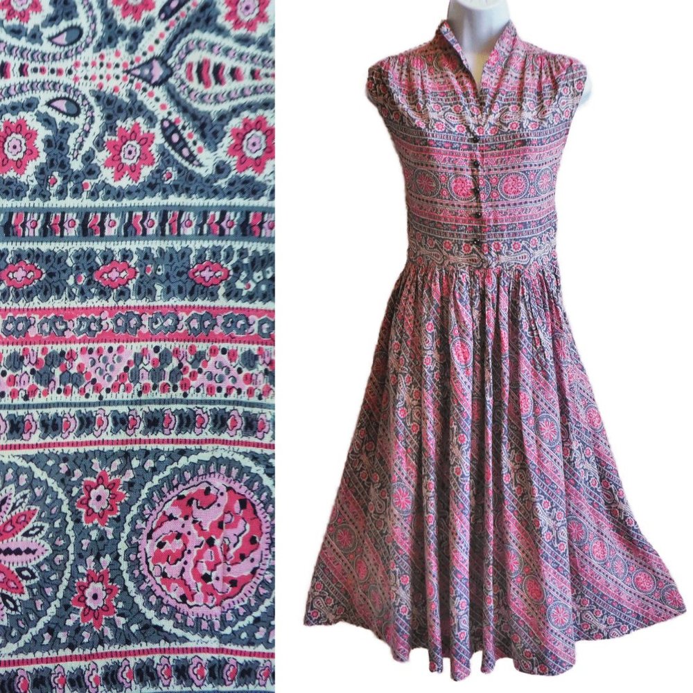 Gay Gibson 50s Vintage Midi Day Dress Sleeveless Pink Gray Fit Flare Full MadMen